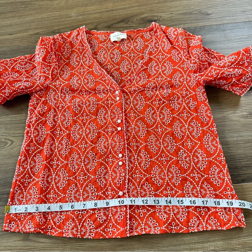 Sezane Antika Blouse Ecru On Coral 38 Fr US 6 Embroidered Button V-Neck Eyelet - Picture 11 of 11